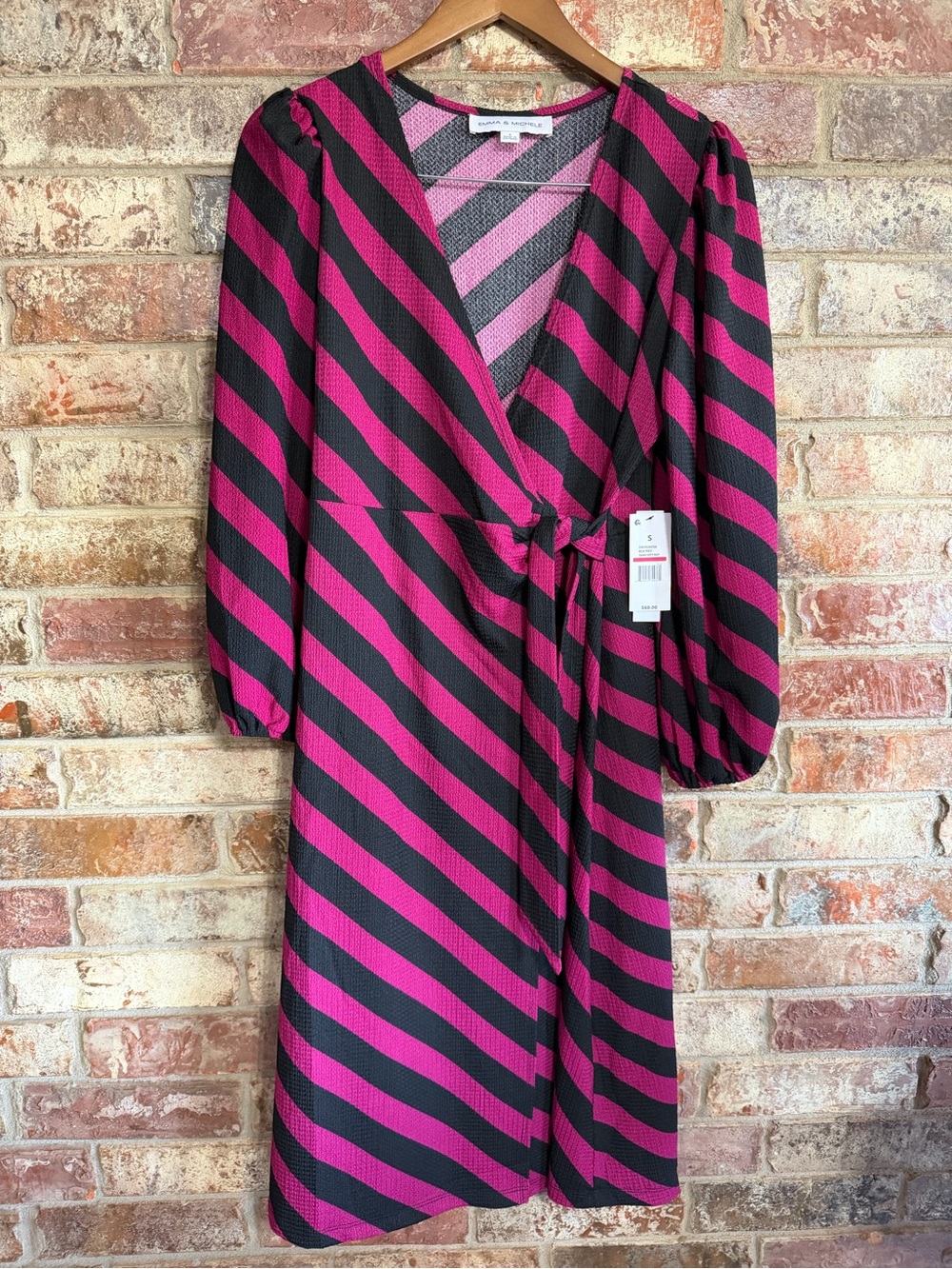 Emma & Michele Diagonal Stripe Wrap Midi Dress in Magenta and Black